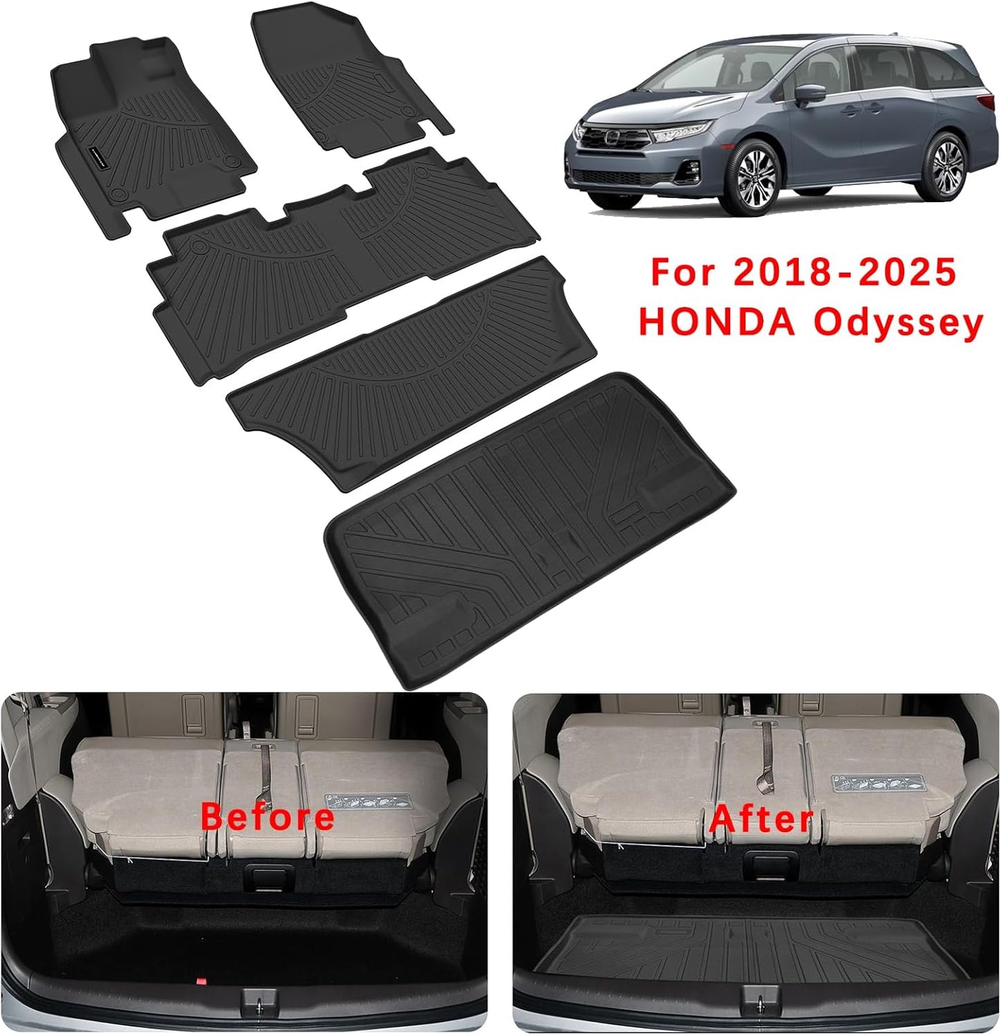 Floor Mats & Trunk Mats for Honda Odyssey 2018-2023 2024 2025, TPE All Weather Protection Car Floor Liners with Cargo Liners with Cargo Liners Accessories