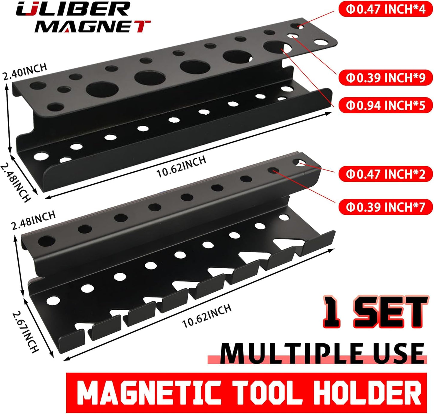 ULIBERMAGNET Magnetic Screwdriver Holder,Magnetic Wrench Holder,Heavy Duty Black Metal Tool Storage Organizer,Set of 2 Magnetic Mount Tool Holder for Garage,Workbench,Tool Cart,PegBoard