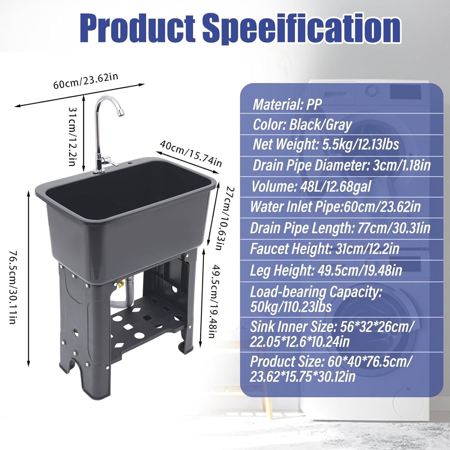 Free Standing Utility Sink with Washboard Laundry Tub Sink for Outdoor,Garage,Basement,Garden wuth Faucet,Drain,Storage Shelf (Gray, 23.6 * 15.8 * 30.1in)