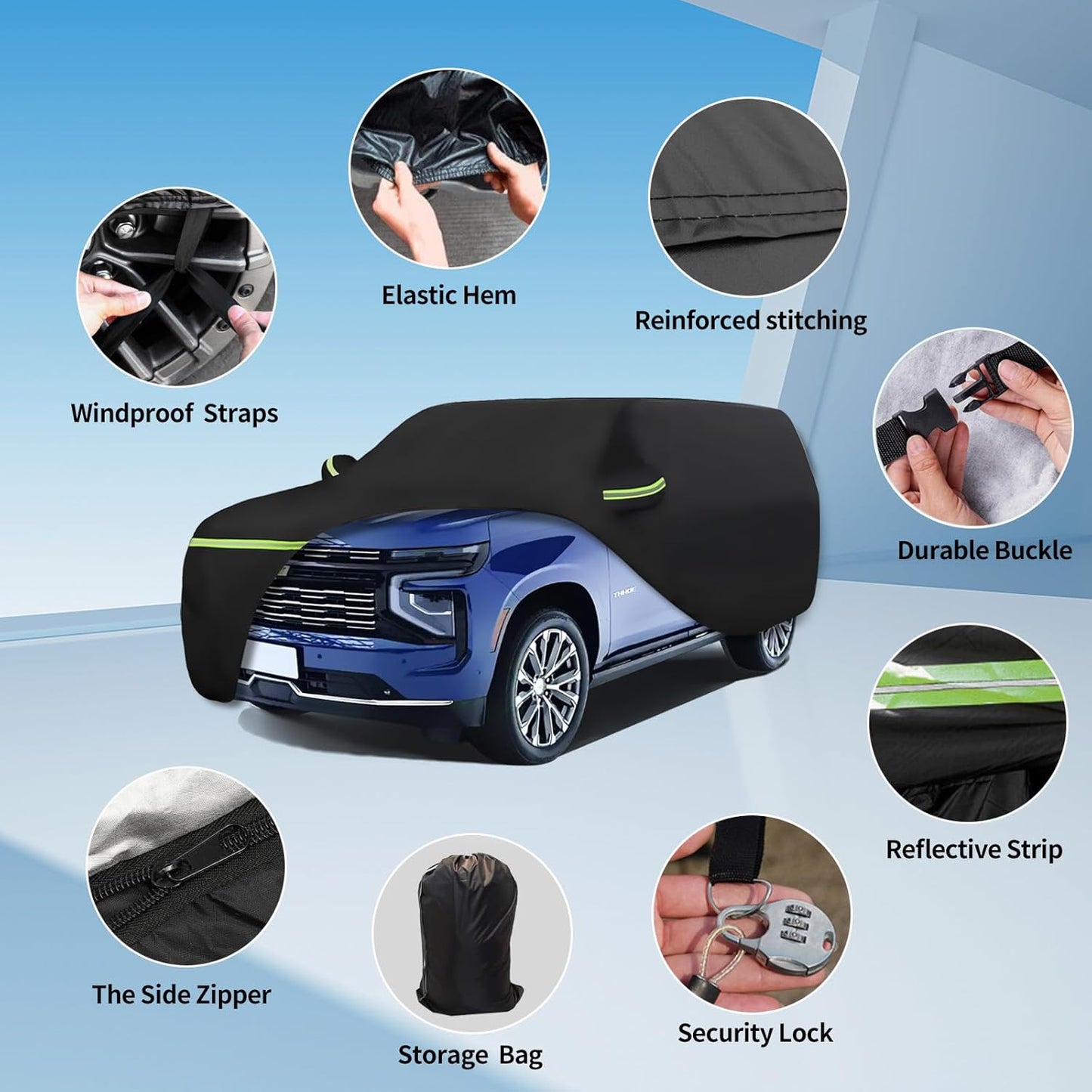 Waterproof Car Covers for 2007-2023 Chevrolet Tahoe/Cadillac Escalade/GMC Yukon(Black) 210T Custom 6 Layers Heavy Duty Waterproof All Weather Protection Outdoor