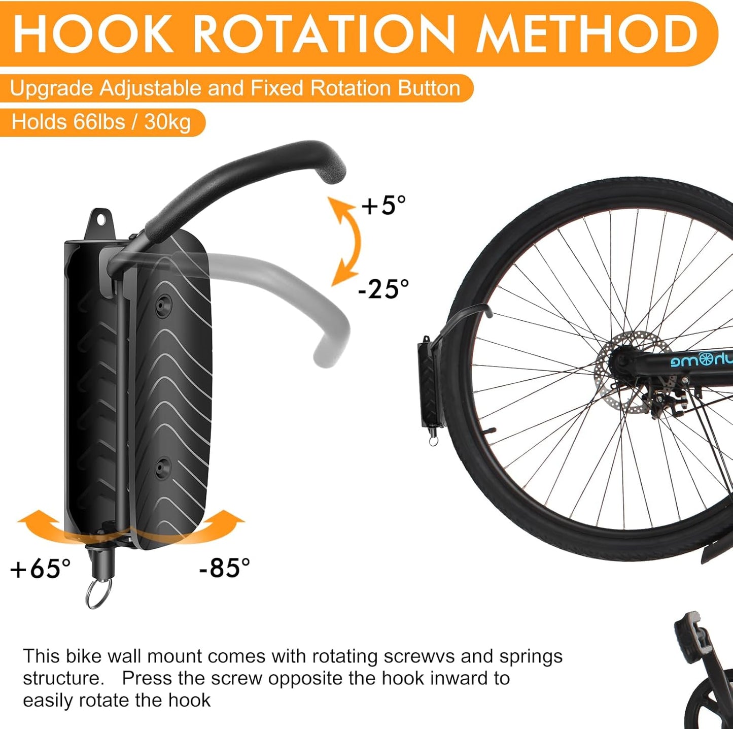 Bike Wall Mount, Space Saving Bike Wall Hanger, Hanging Bike Rack for Garage, Vertical Swivel Bike Wall Mount Easy to Install, Black (1Pack, Hold Up to 66 lbs)