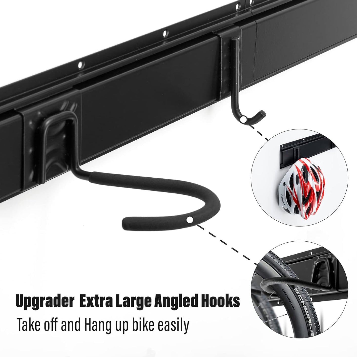 Sinoer Bicycle Wall Rack, Wall Mount for 4 Bicycles + 2 Helmets, Tool Storage Hook Adjustable for Garage or Home, Vertical Bicycle Hanger (Inner Width: 90 mm) - 2 Rails