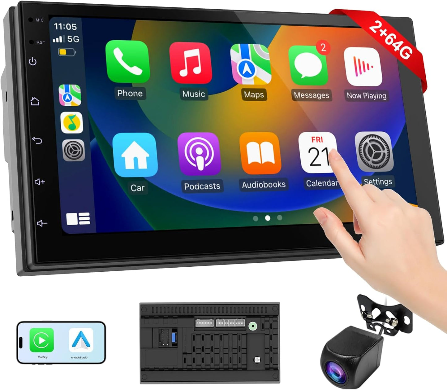 Wireless CarPlay Screen for Car & Android Auto Head Unit - Touchscreen 7 Inch Double Din Car Stereo with Backup Camera for All Cars(2+64GB)