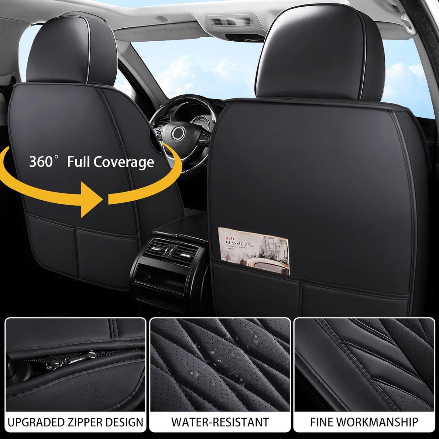 WELLDO Car Seat Covers Full Set, Leather Seat Covers for Cars, Car Seat Protector Waterproof, Non-Slip Car Interior Covers Full Set Universal Automotive Seat Covers for Most Cars SUVs, Black