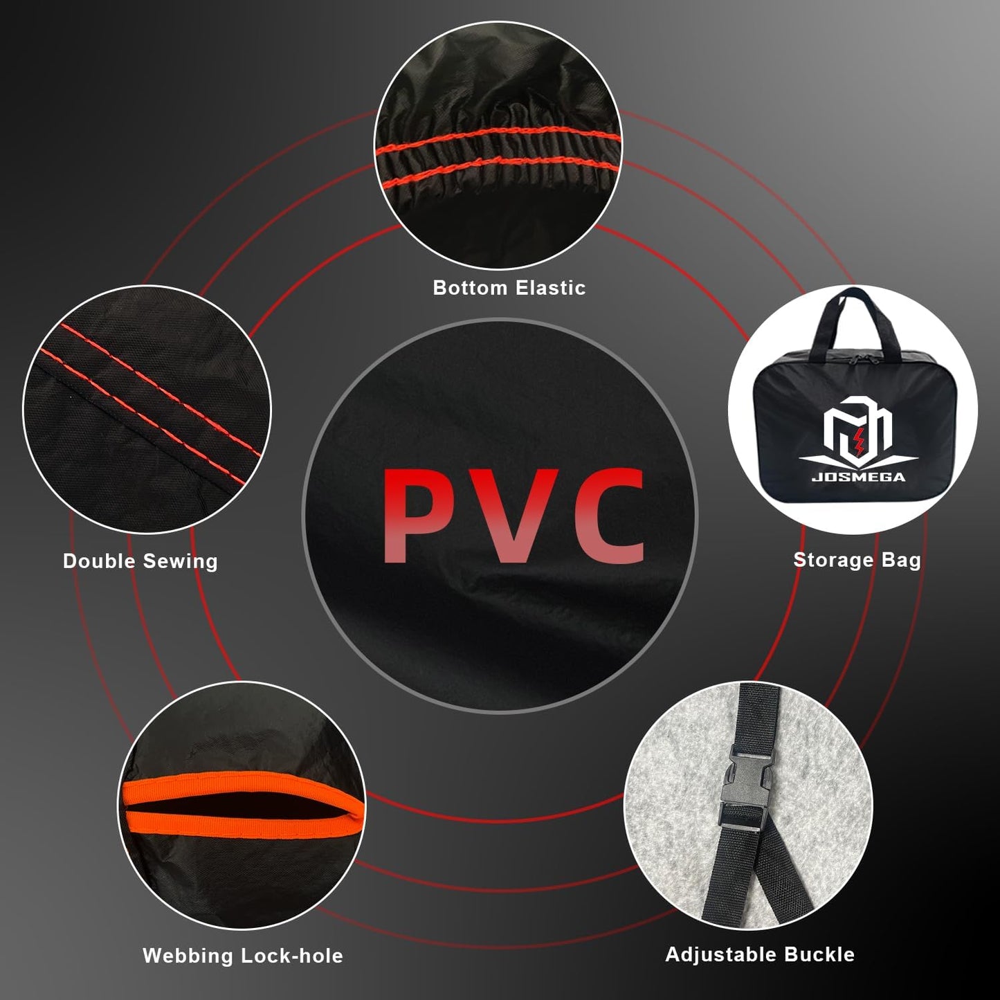 Motorcycle Cover | Heavy Duty PVC | Soft Inner Cotton | Waterproof Outdoor | All Season Universal | 4 Reflective Strips | 3 Windproof Straps | 1 Lock Hole | 1 Storage Bag | (Black, XL, 97")