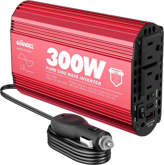 300Watt Pure Sine Wave Power Inverter for Car with PD30W Type C and QC 3.0 USB Car Converter Adapter with Dual USB Ports for Smartphones Laptops Tablets Starlink