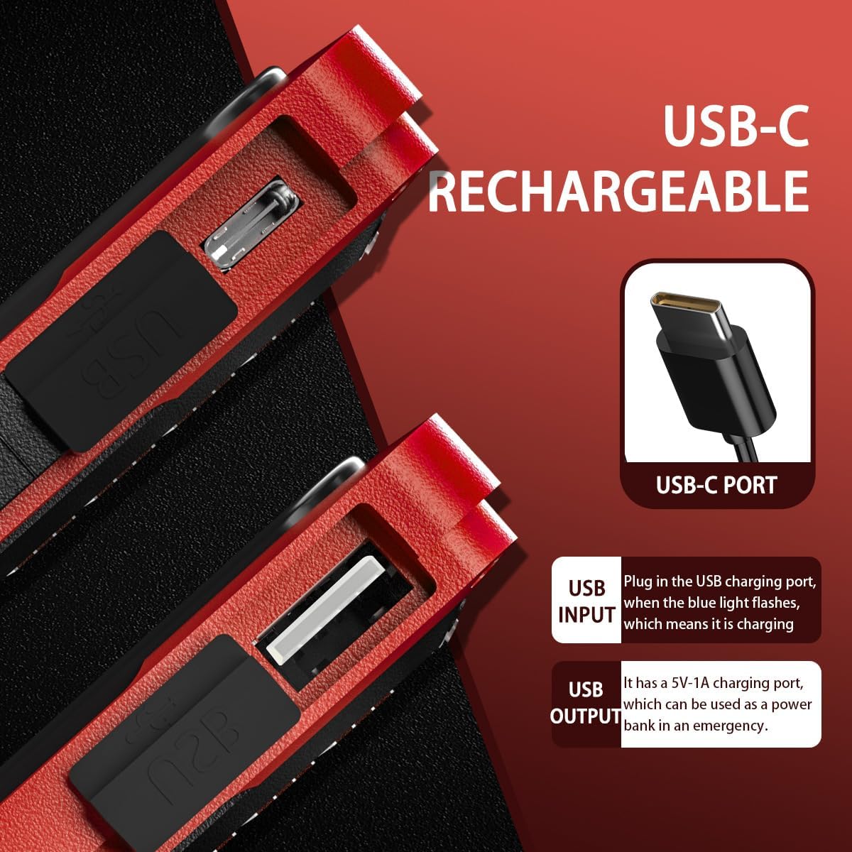 WARSUN Rechargeable Portable Magnetic Work Light, LED Flood Light Waterproof for Outdoor Camping Hiking Emergency Car Repairing (USB + Solar Charging, Red)