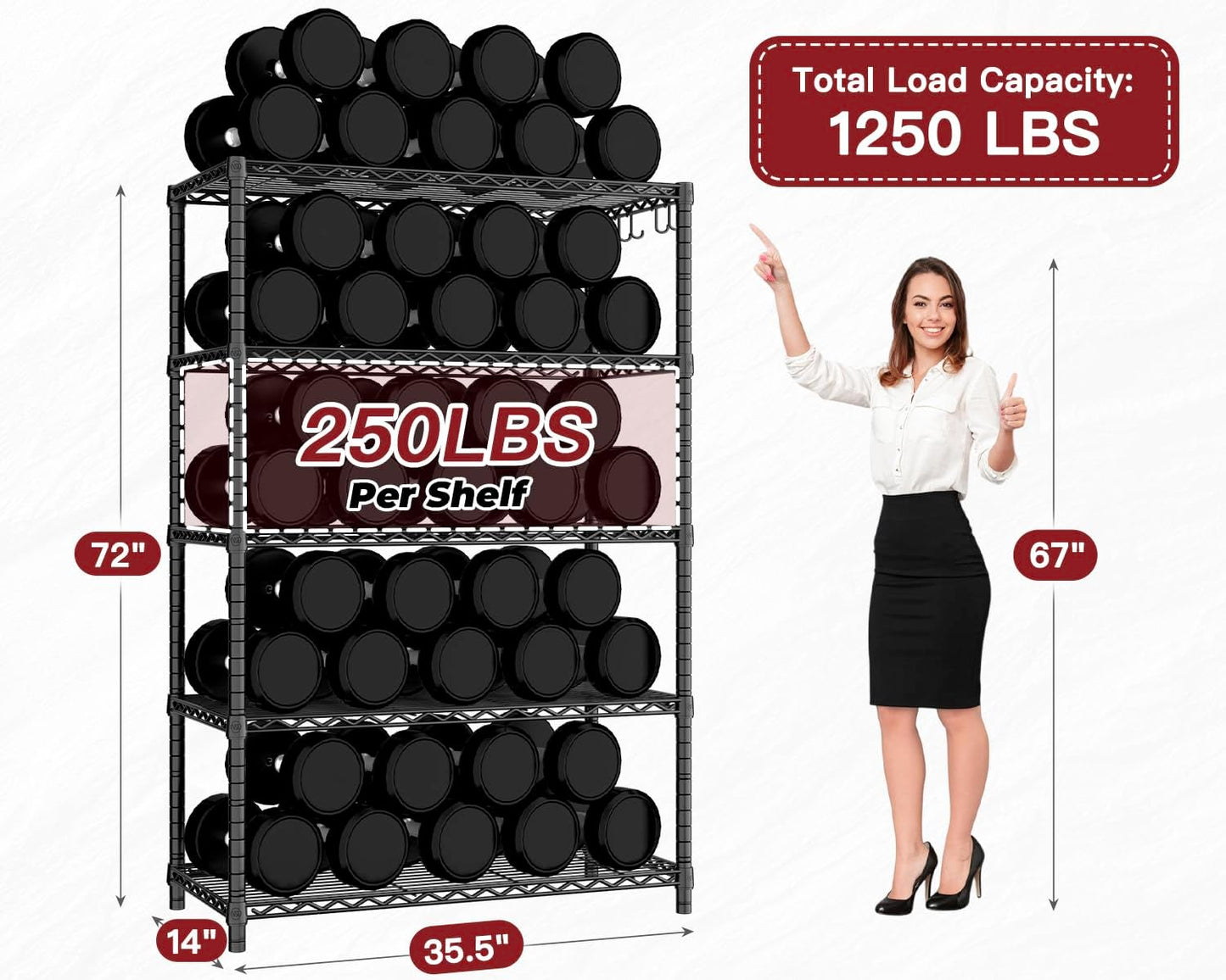 PrimeZone Wire Metal Storage Shelves - 5 Tier Adjustable NSF-Certified Heavy Duty Garage Shelving Unit Organizer Rack, Steel Utility Shelf for Kitchen, Pantry, Closet, 35.5" W x 14" D x 72" H, Black