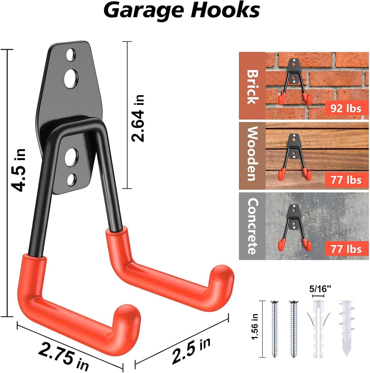 4 Pack 4.5x2.75 inch U Heavy Duty Garage Hooks,Solid Steel Wall Mount Hangers,with Anti-Slip Coating,for Hanging and Organising Ladder,Bike,Ropes,Broom,Garden,Yard and Power Tools