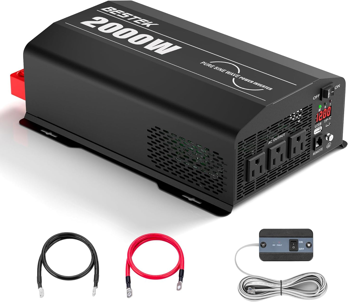 BESTEK 2000 Watt Pure Sine Wave Power Inverter, 12V DC to 110V/120V AC Inverter with 3 AC Outlets, USB & Type-C Port, Remote Controller, Off-Grid Solar Power Inverter 12V to 110V for Home, RV, Truck
