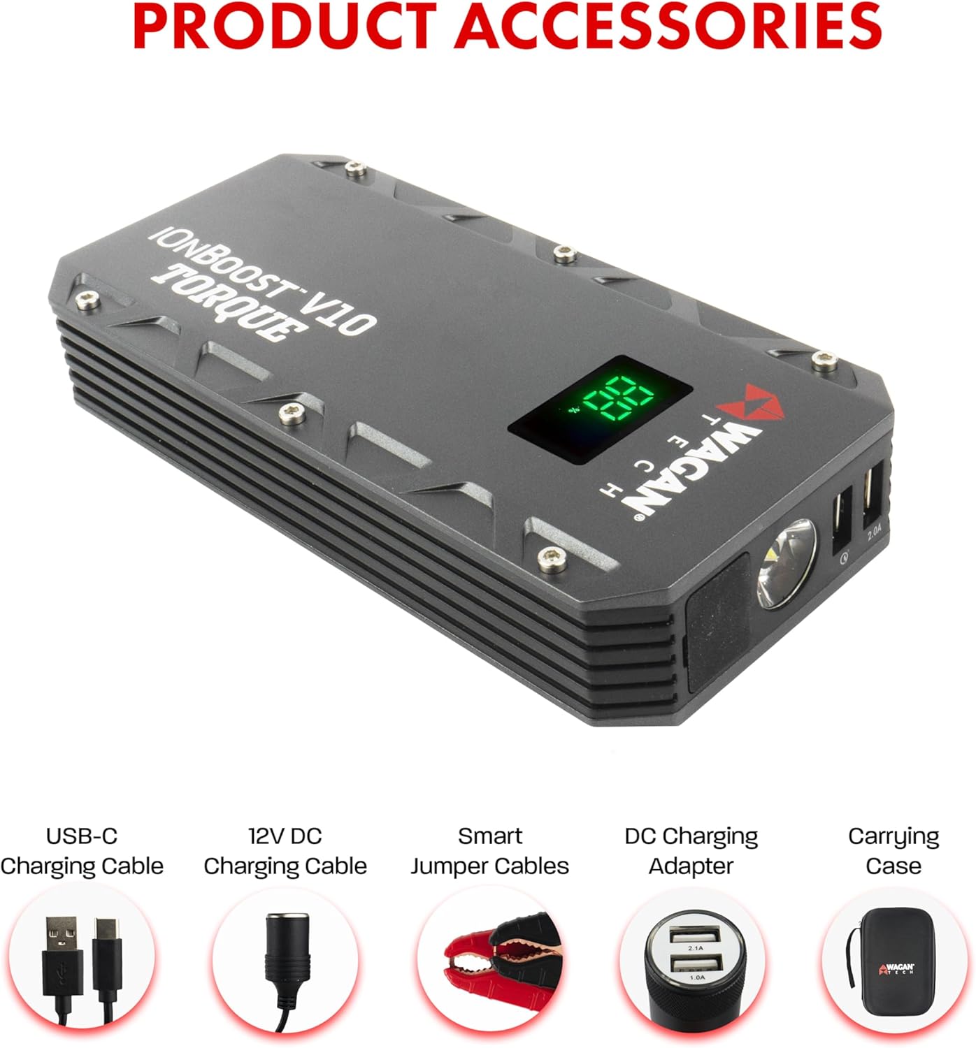 Wagan EL7507 Jump Starter iOnBoost V10 Torque 1000Amp Peak 12V Portable Lithium Car Battery Up to 7.8L V10 or 6.7L Diesel, 12V Jump Pack with Built-in LED Bright Light, UL Certified