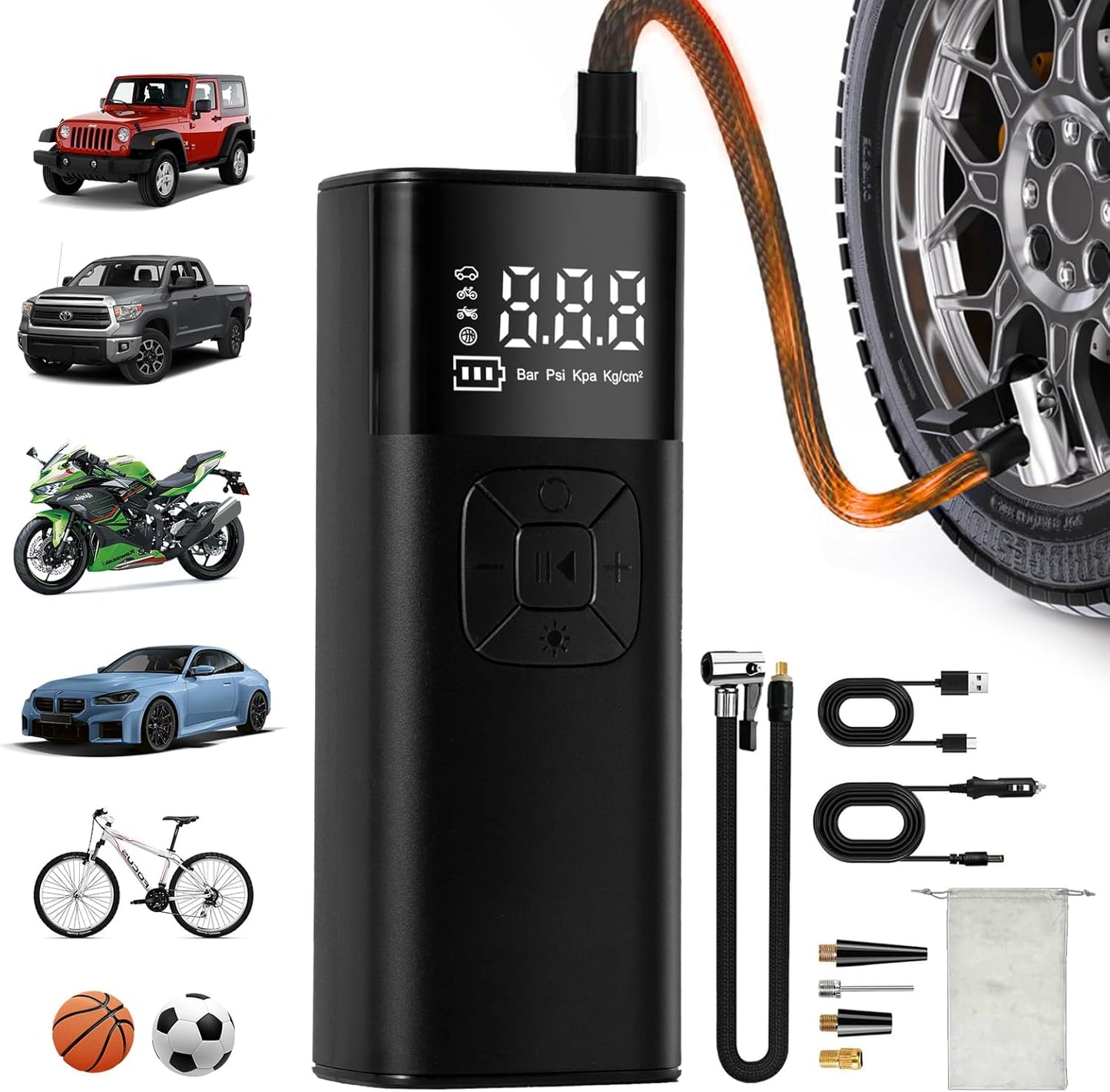 Tire Inflator Portable Air Compressor - Portable Air Pump for Car Tires 10000mAh 150PSI & 12V DC Cordless 4X Faster Inflation for Car, Motorcycle, Bike, Ball, with Digital Gauge, Dual-Use Type
