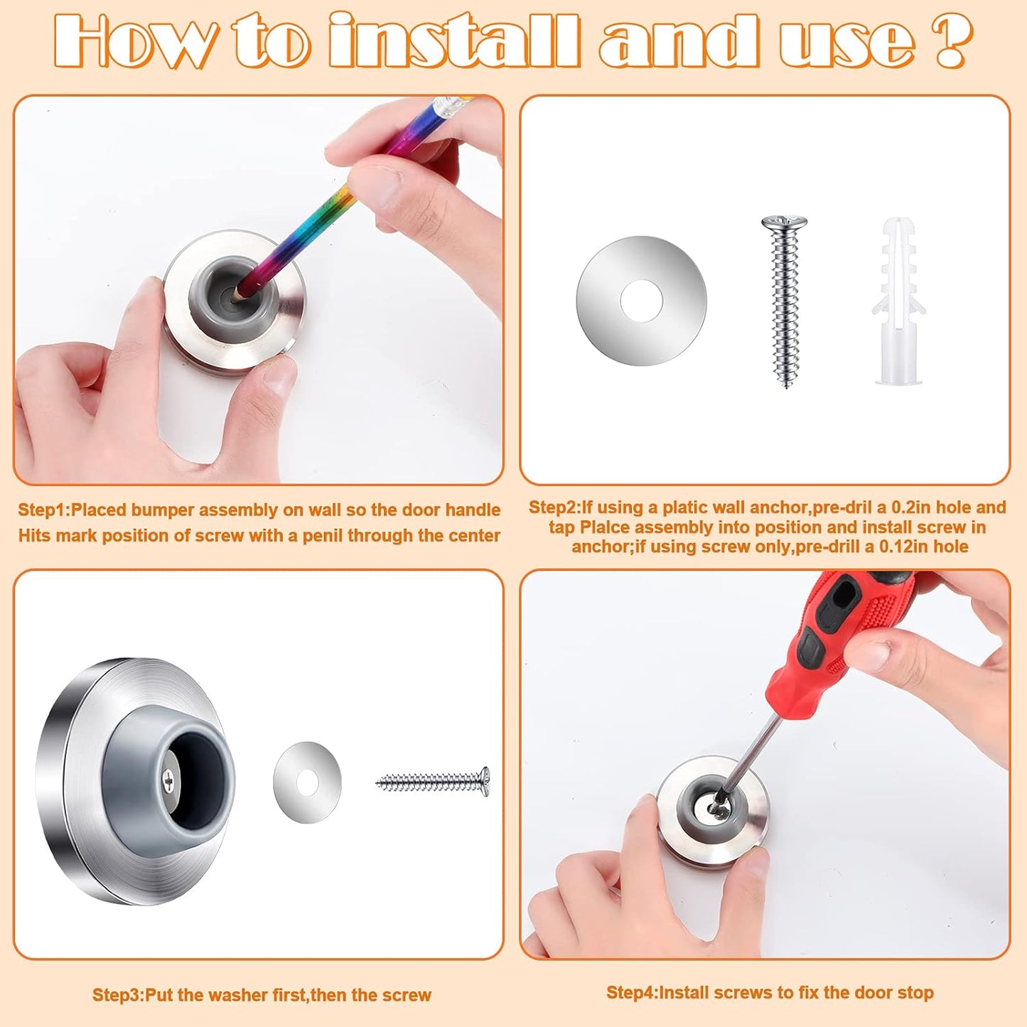 Blulu Concave Wall Door Stopper Door Bumper Stainless Steel Wall Protector Flush Bumper with Grey Rubber Concave Knob Cover Stopper(Silver,4 Pieces)