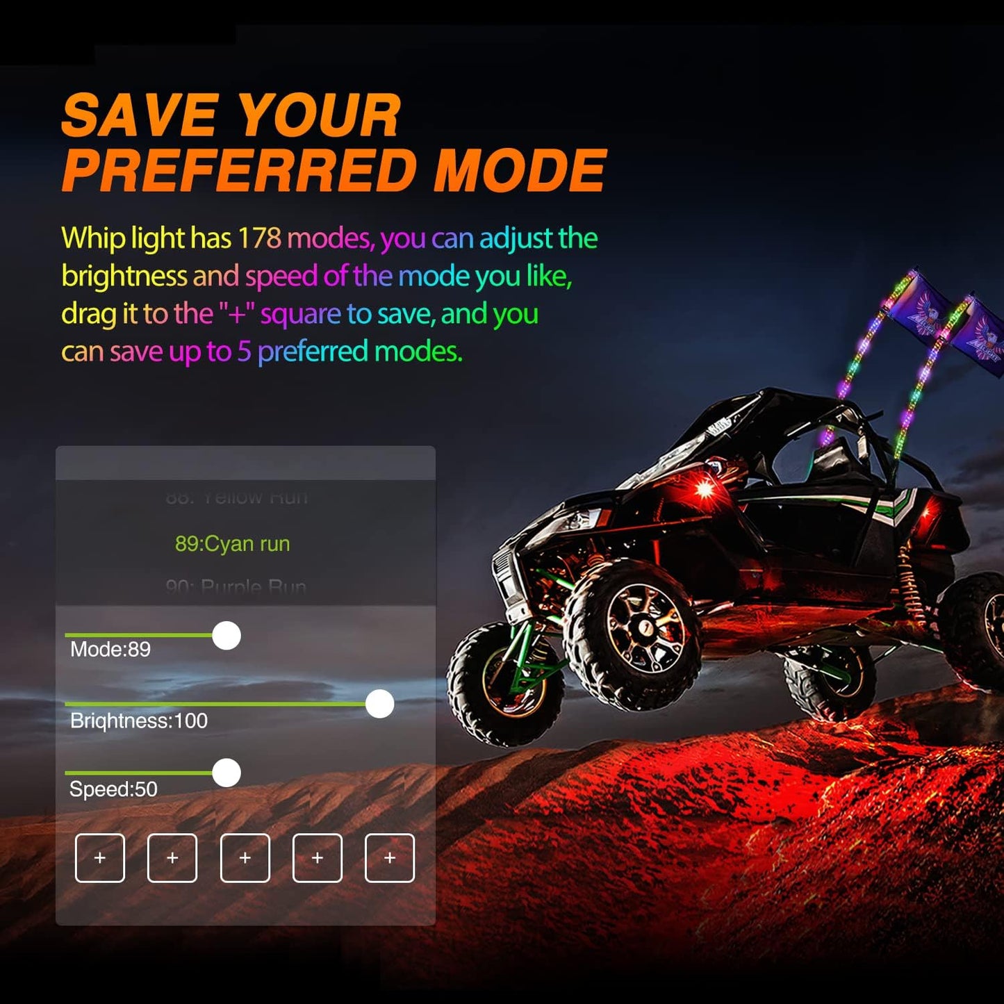 Nilight 2PCS 4FT RGB LED Whip Light with Spring Base Remote App Control w/DIY Chasing Patterns Turn Signal & Brake Lights for ATV UTV Polaris RZR Can-am Dune Buggy Jeep