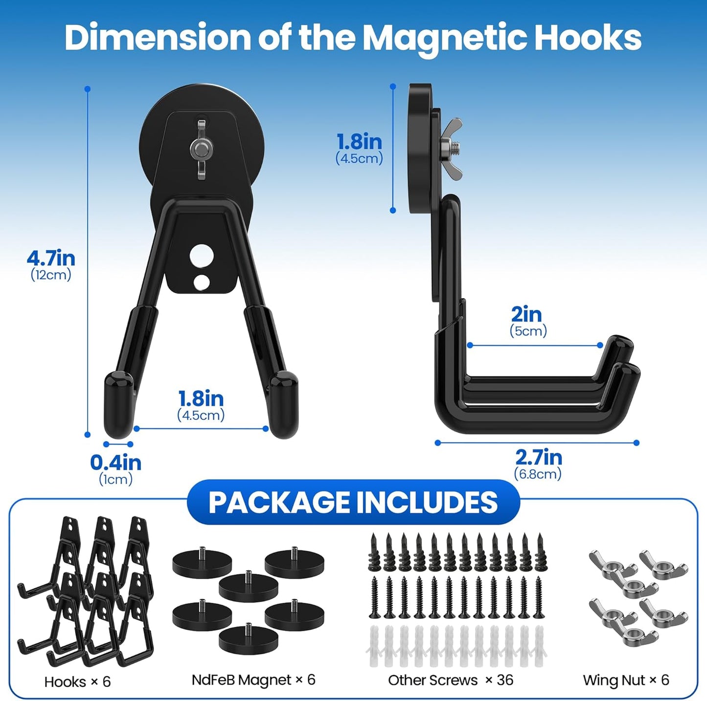6 Pack Large Heavy Duty Magnetic Hook Extra Strong Magnetic Garage Hooks Big NdFeB Industrial Magnet Hooks Magnetic Utility Storage Holder Organization with Anti-Slip Coating for Hanging Garden Tool