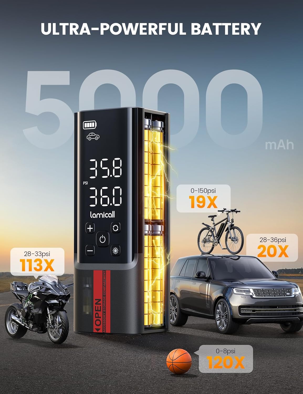 Lamicall Portable Car Tire Inflator - Air Compressor [150 PSI] [4X Faster] Cordless Car Air Pump with Rechargeable Battery, Digital Display Pressure Gauge, LED Light, for Cars, Motorcycles, Bike, Ball