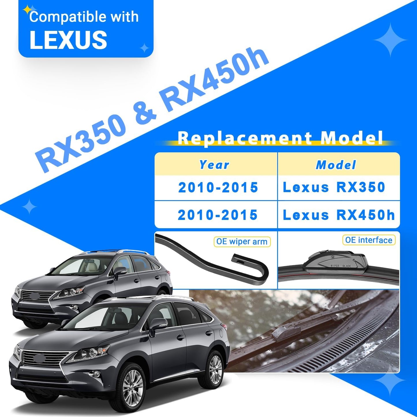 Windshield Wiper Blades Replacement for 2010-2015 Lexus RX350 RX450h RX 350 450h Original Factory Quality Front Rear Wipers Blade Set for My Car - 26" 22" 16" (Pack of 3)