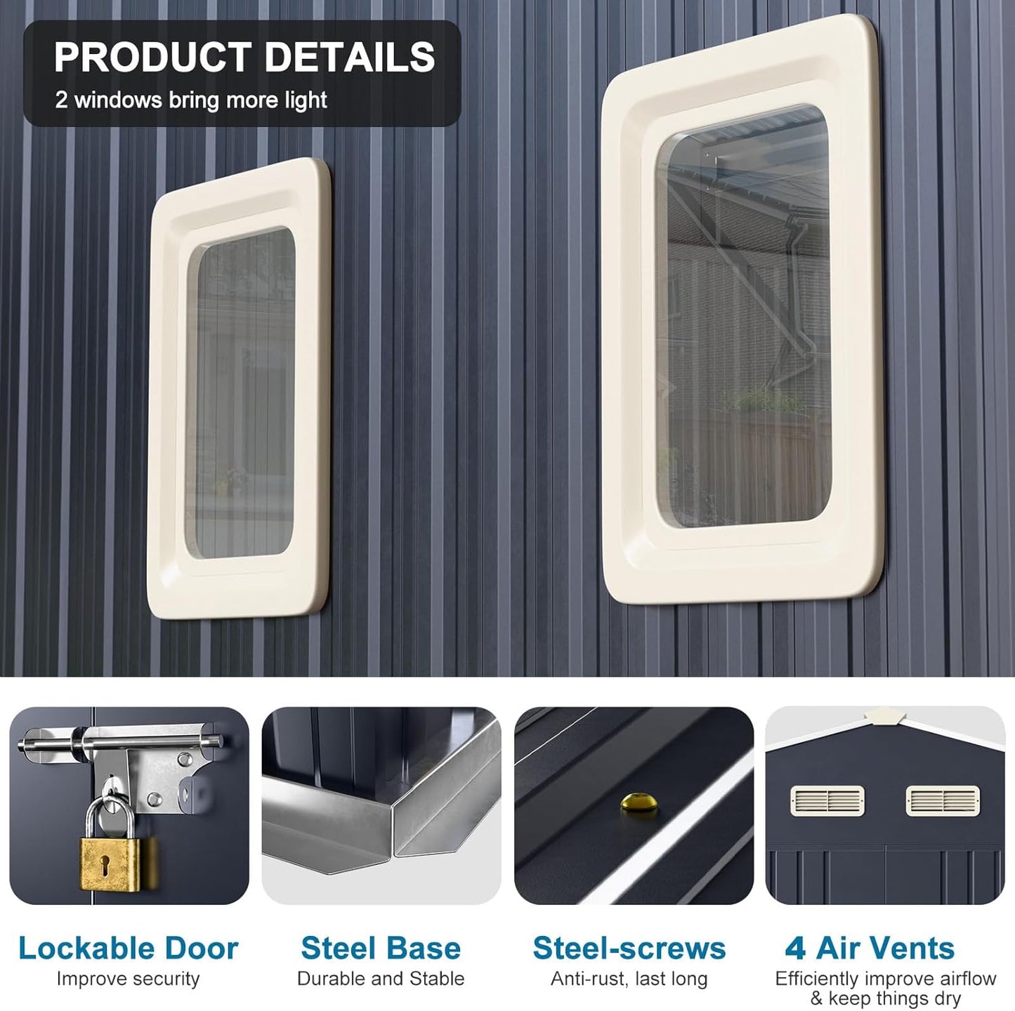 10x12 FT Metal Outdoor Shed with Floor Frame Kit Extra Large Waterproof Tools Storage House with Transparent Top Panel Windows Air Vent for Garden Backyard to Store Bikes,Lawnmower,Dark Grey