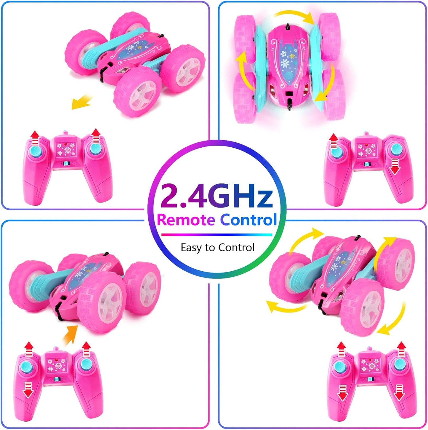 FREE TO FLY Remote Control Car for Girls : Pink RC Car Double Sided 360°Flip Stunt Cars with Headlights & WheelLights Rechargeable Toy Car Birthday Gifts for Girl Kids Age 6 7 8 9 10 11 12 Year Old