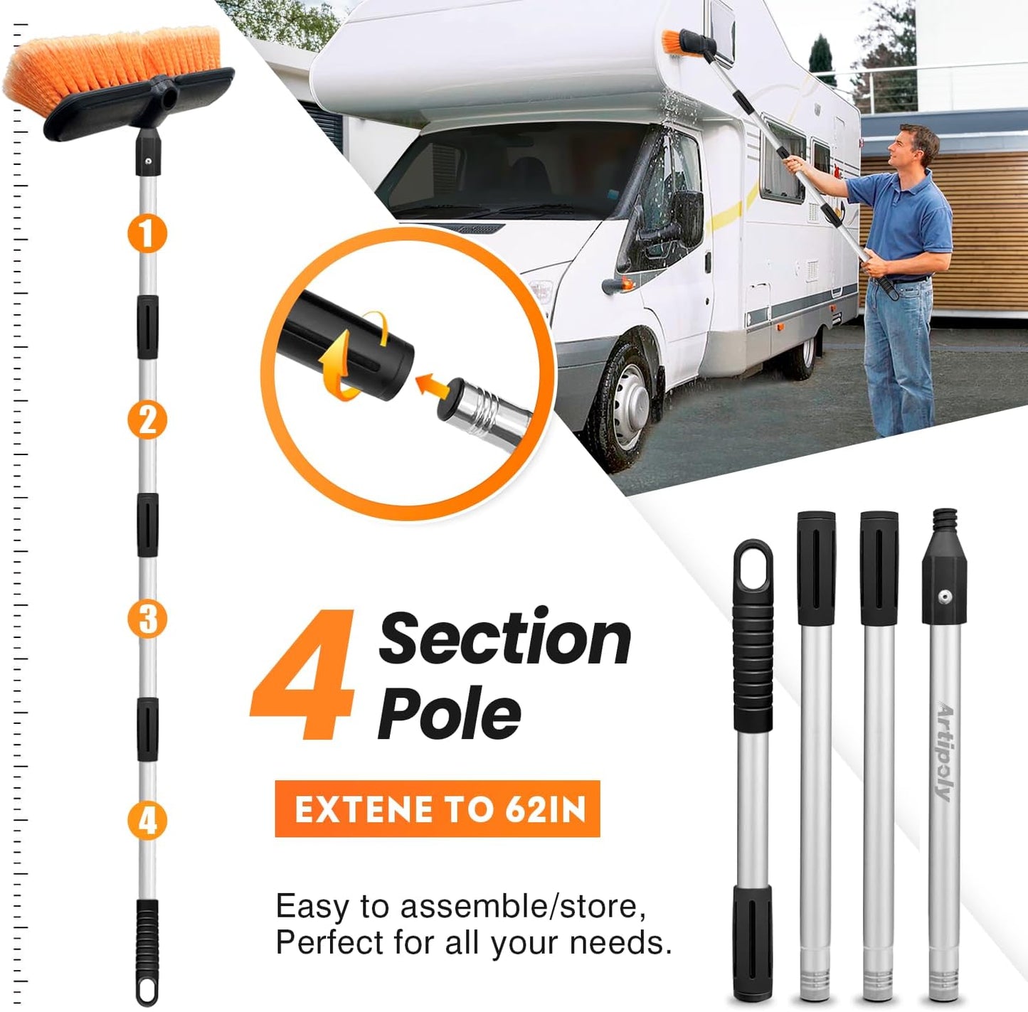 65" Car Wash Brush with Extension Pole, Car Wash 10” Dip Soft Brush, No Scratch Car Cleaning Brush Supplies for RV Boat Truck SUV, House Siding, Snow, Floors, Extension Aluminum Alloy