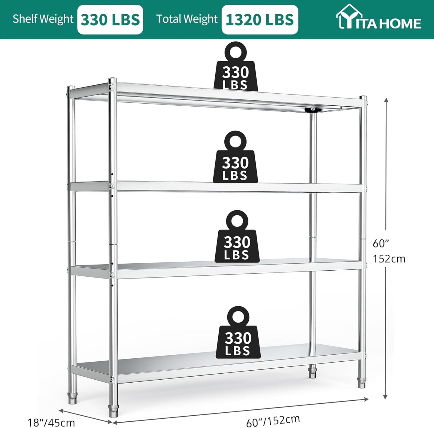 YITAHOME NSF Stainless Steel Shelves, 60"*18"*60" 4 Tier Storage Shelf, Heavy Duty Shelving for Kitchen Garage Office Restaurant Warehouse, 201 Bright Silver