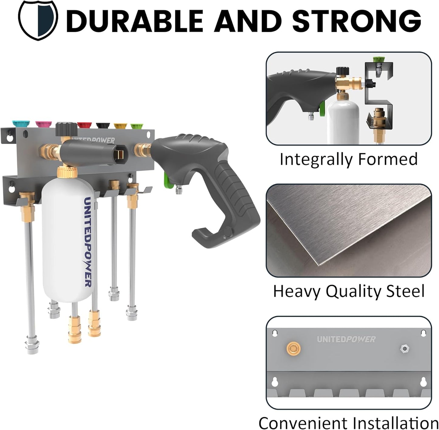 UNITEDPOWER Pressure Washer Gun Holder，Wall Mount Foam Cannon Holder，Tool Storage Rack for Pressure Washer Wand/Nozzle Tips, Car Wash Accessories Organizer, Silver