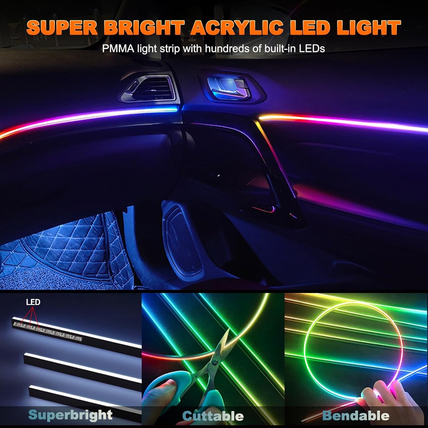 Interior Car LED Strip Lights, Acrylic LED Lights for Car with Dynamic Dreamcolor Chasing, Ambient Lighting Kits Music Sync Wireless APP and RF Remote Control (6 in 1)
