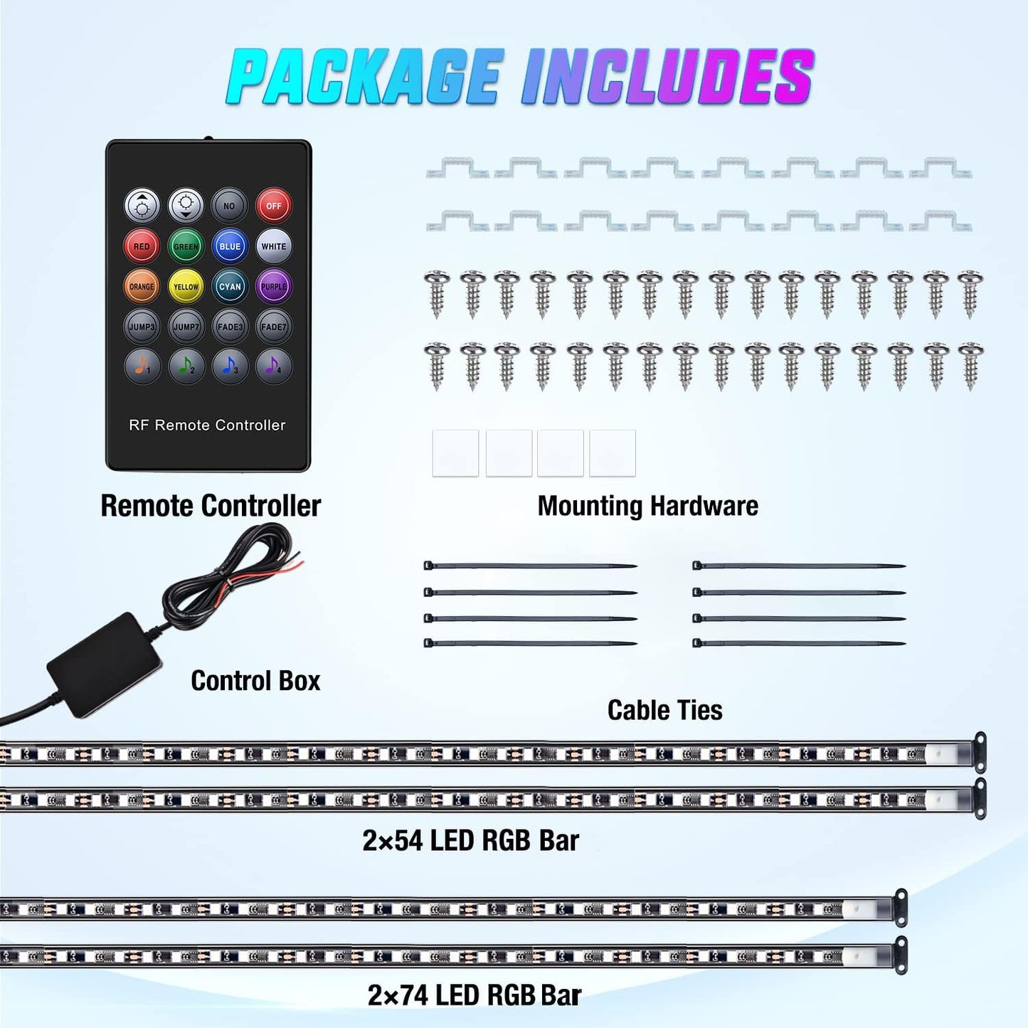 Nilight 4Pcs Car Underglow Neon Accent Strip Lights 256 LEDs RGB Multi Color DIY Sound Active Function Music Mode with APP Control and Remote Underbody Light Strips