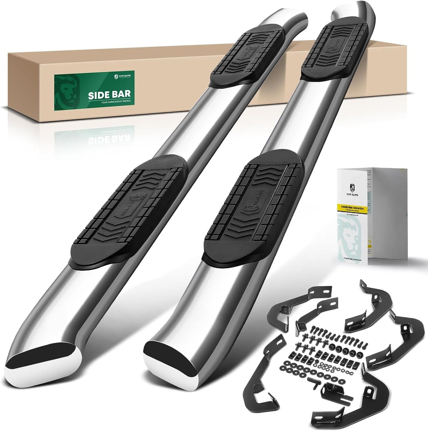 YHTAUTO 6" Running Boards Side Steps Compatible with 2007-2019 Chevy Silverado & GMC Sierra 1500/2500 HD/3500 HD, Crew Cab, Oval Bent Ends Stainless Steel Polished Chrome, Truck Cab Side Step Rails