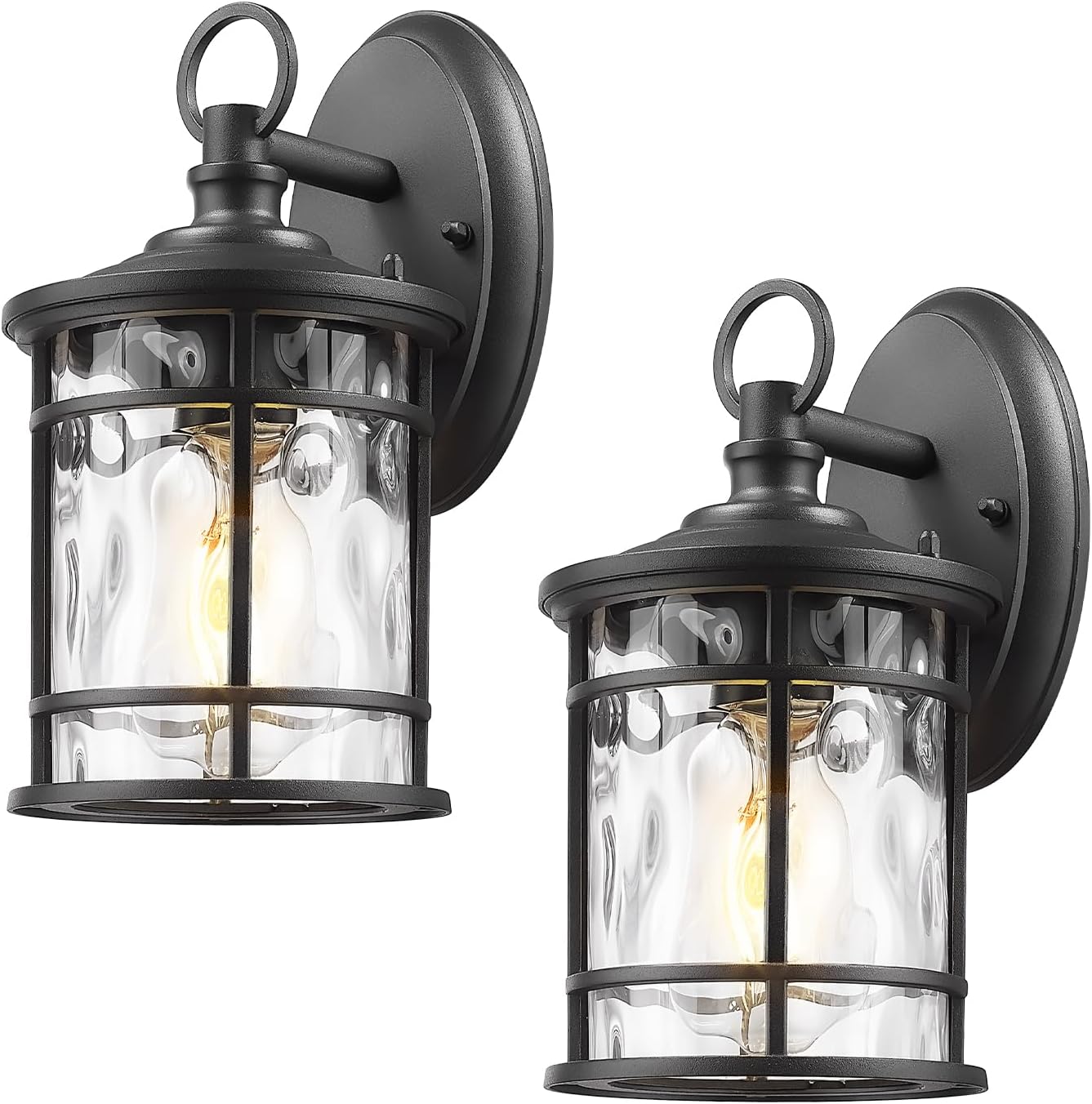 Emliviar 2 Pack Exterior Wall Sconce Light, Anti-Rust Outdoor Lanterns Wall Lamps, Farmhouse Patio Lightings with E26 Socket & Water Ripple Glass, Black Finish, XE229BS-2PK BK-WG