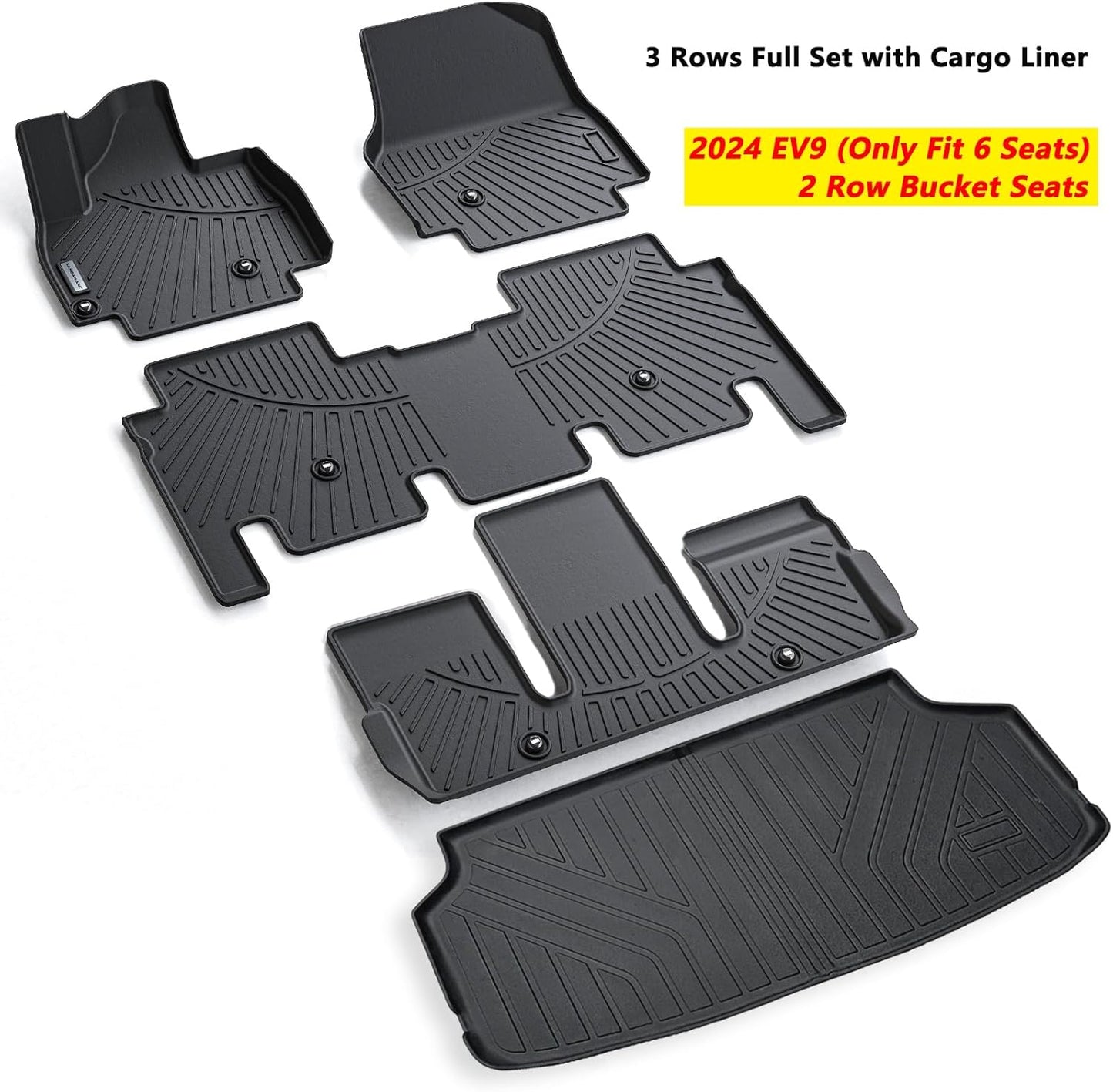 Floor Mats & Trunk Mat for KIA EV9 2024 2025 2026 6-Seats Version-2 Row Bucket Seats（Not Fit for 7-Seats）, TPE All Weather Protection 3 Rows Full Set Car Floor Liners with Cargo Line