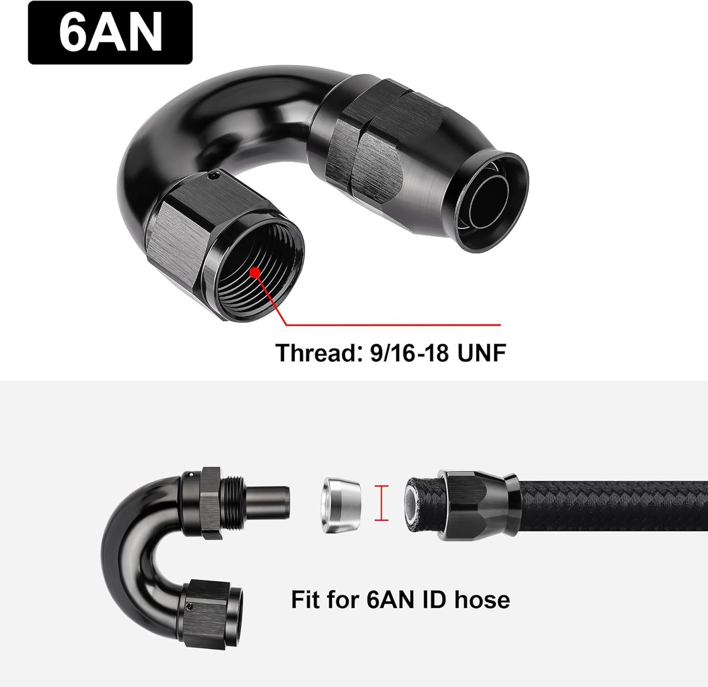 EVIL ENERGY 6AN 180 Degree PTFE One Piece Full Flow End Hose Fitting Aluminum Black