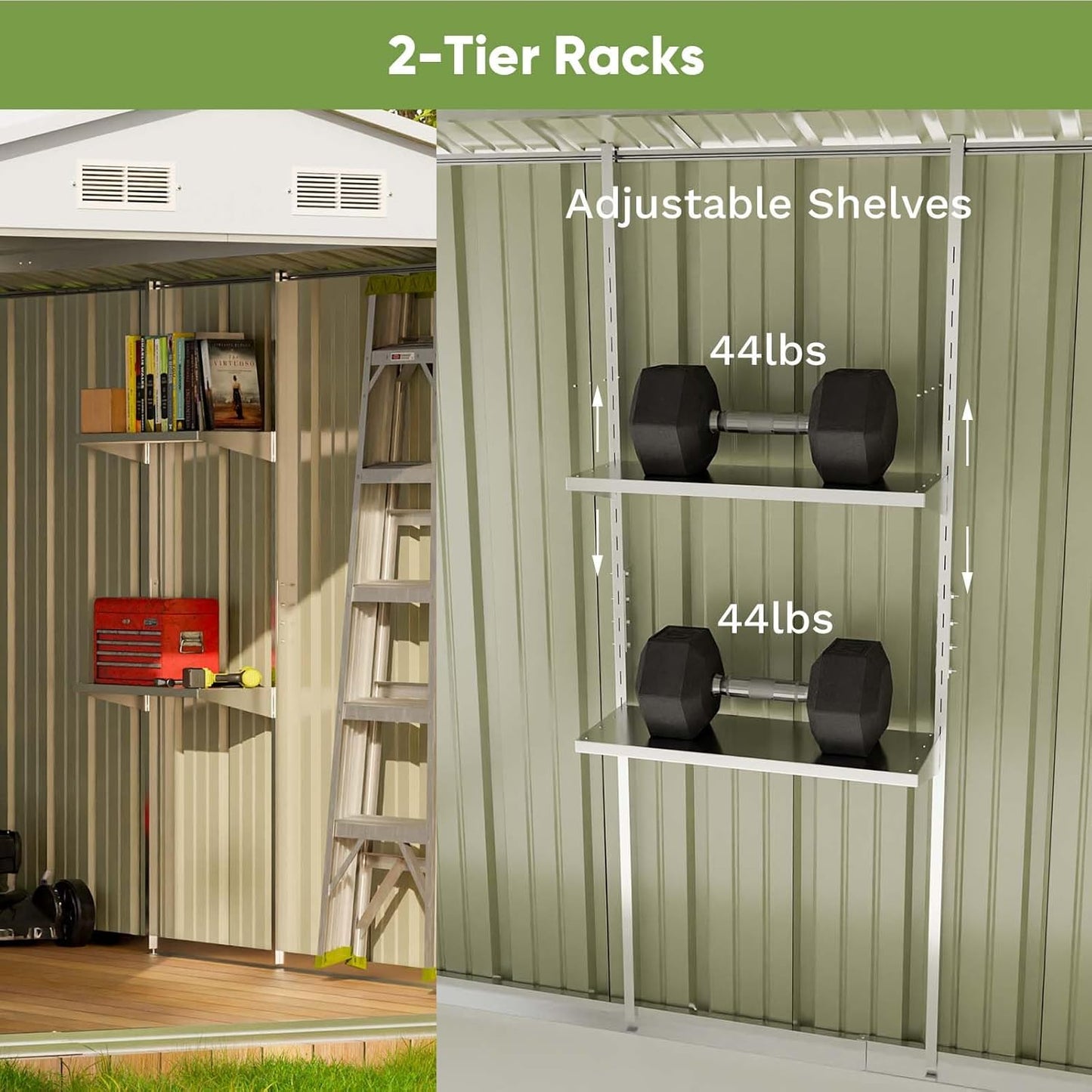 Patiowell 8x10 FT Outdoor Storage Shed with Detachable Storage Rack, Large Garden Tool Metal Shed with Sloping Roof and Double Lockable Door, Outdoor Shed for Backyard Garden Patio Lawn,Brown