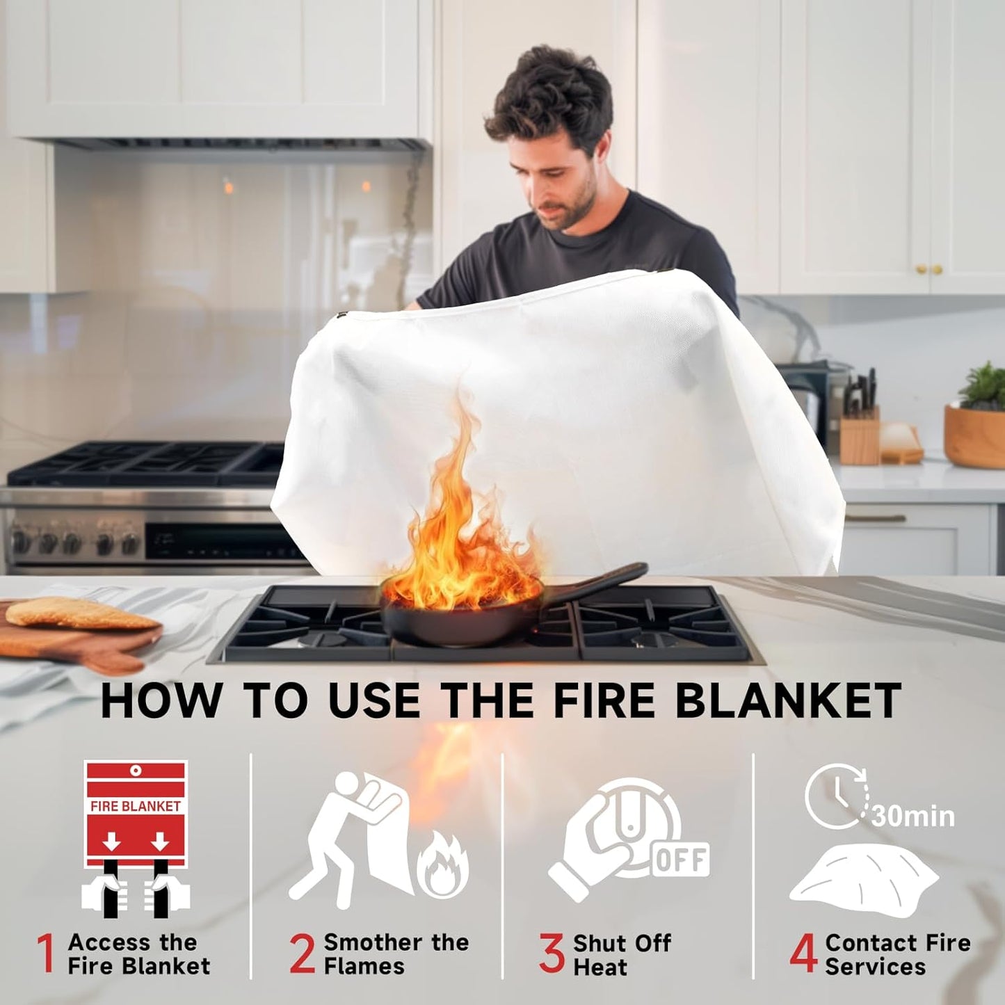 Fire Blanket Emergency for Home Kitchen - 40"x40" Fireproof Safety Protection Fiberglass Flame Retardant Blankets Survival Essential Kit for House Car Camping Outdoor Fireplace Grill BBQ - 4 Pack