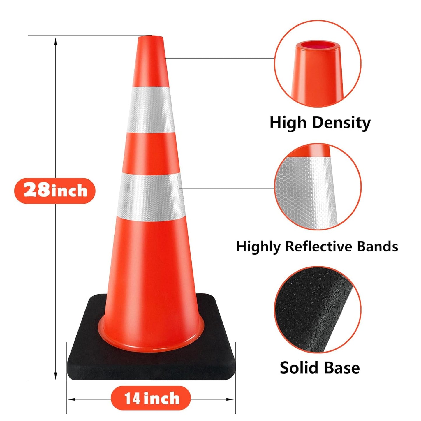 Traffic Cones 28 inch 6 Pack Heavy Duty Safety Cones Orange with Reflective Collars Fit Parking Lot,Driveway Road Traffic Control Construction Cones