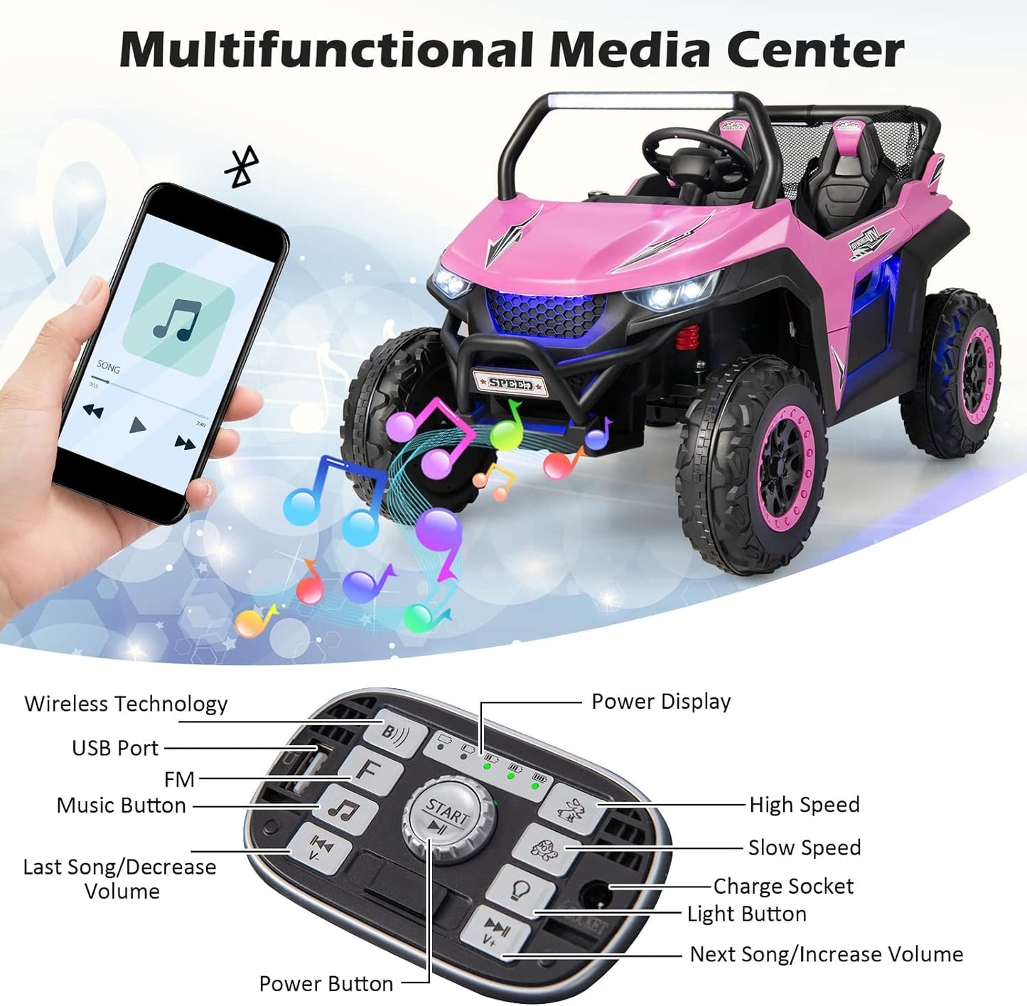 Costzon 2-Seater Ride on Car for Kids, 12V Kid' Electric Vehicles w/Remote Control, 4 Shock Absorbers, Wireless Music & FM, 3 Speeds, Ambiance Lights, Electric UTV, Kids Car for Boys Girls (Pink)