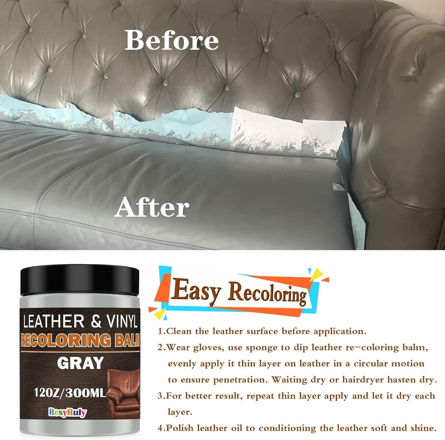 Gray Leather Recoloring Balm Vinyl Auto Dash Board Car Seats Interior Paint Furniture Dye Color Restorer Shoes Sofa Gloves Jacket Purse Bag Couch Stain Remover Fade Scratches Wear Out Repair