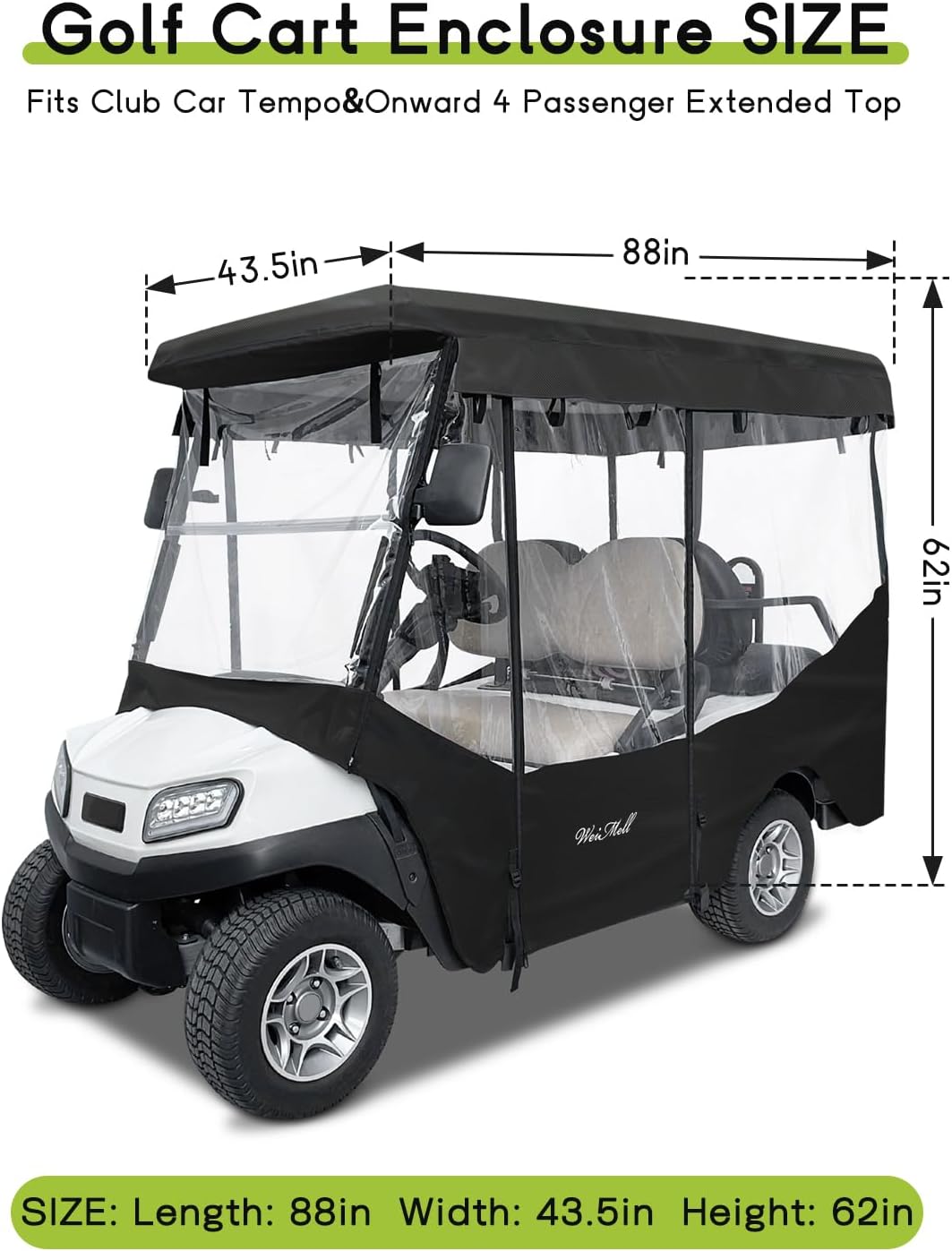 Golf Cart Enclosure 4 Passenger for Club Car Tempo Onward Extended Roof Waterproof Transparent Driving Rain Cover Fit 4-Seater with 4-Sided Clear Windows Mirror Zipper Roll-up Door Black