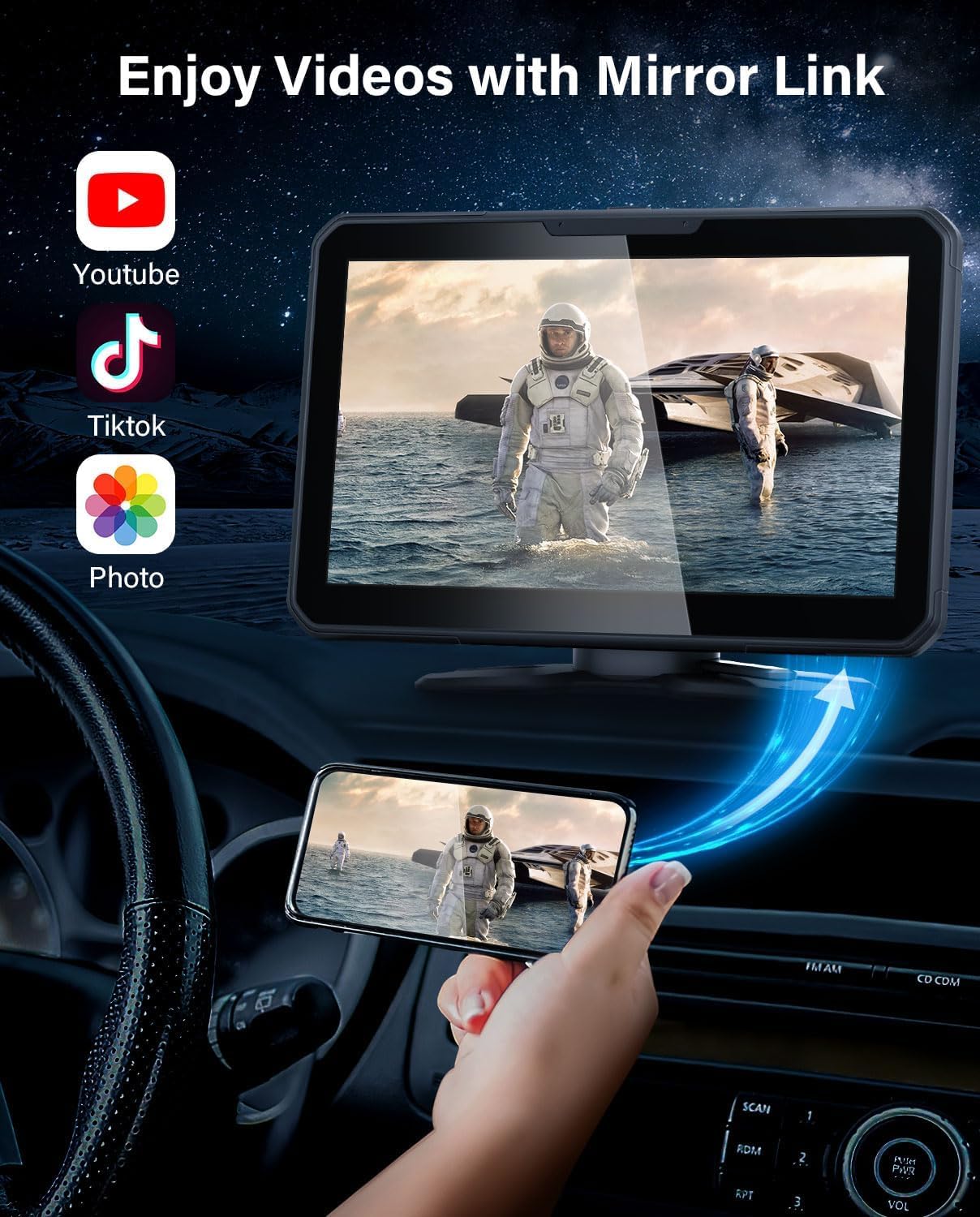 7" HD Apple Carplay Screen for Car，2-in-1 Wireless CarPlay Suitable for Apple CarPlay and Android Auto, Apple CarPlay with GPS Navigation, Voice Control, Mirror Link, Bluetooth for Most Vehicle