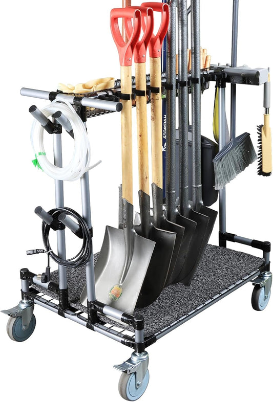 Heavy-Duty Garden Tool Organizer Cart Ideal for Gardening, Upgraded 5-Inch Wheels for Lawn & Sand, Long-Handle Tool Storage