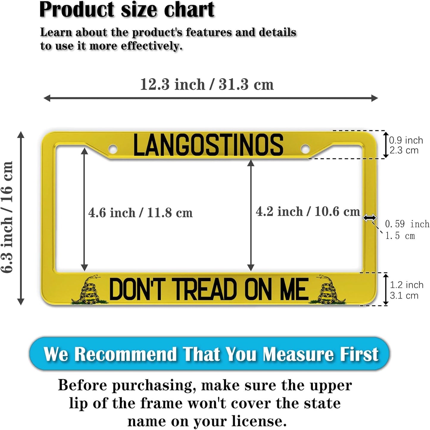 License Plate Cover Yellow Black License Plate Frames Langostinos Don’t Tread on Me Universal Aluminum Car Accessory 2 Pack with Screw Covers Set