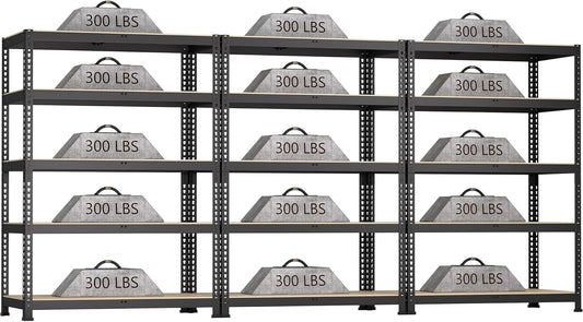 3 Packs 35.5" W x 16" D x 71" H Adjustable Garage Storage Shelves - 5-Shelf Heavy Duty Shelving Unit, Metal Utility Storage Organizer Racks for Warehouse Pantry Closet Kitchen, Black