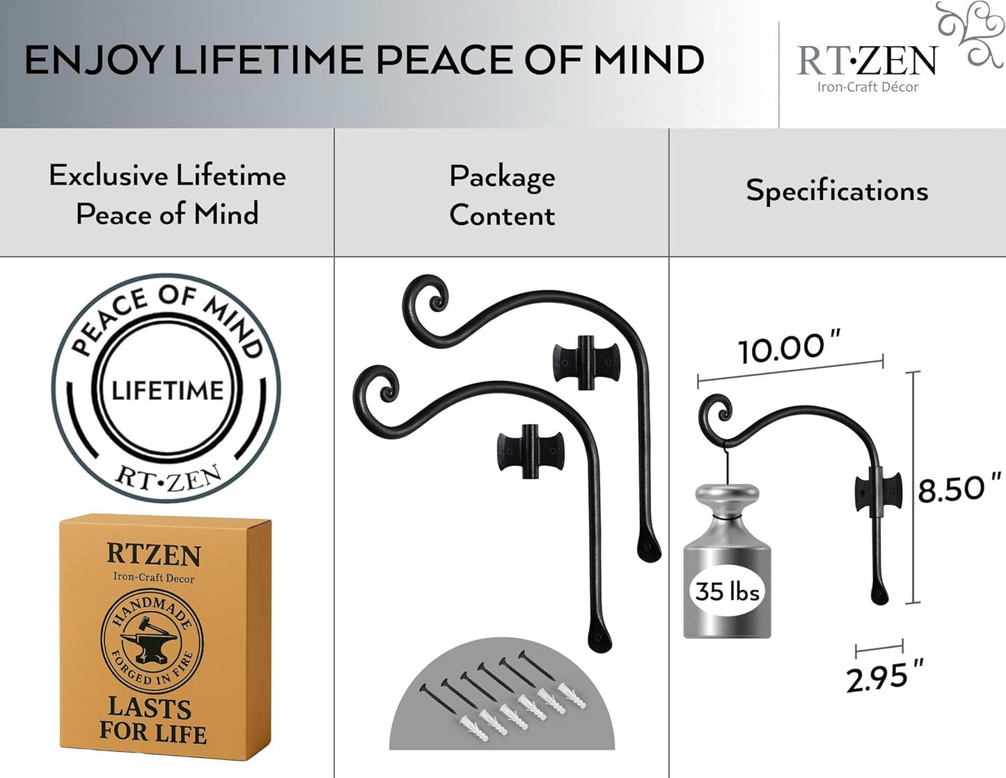 RTZEN Plant Hangers Outdoor or Indoor - Wrought Iron Metal Hanger Indoor Hook - Heavy Duty Wall Bracket Hooks for Hanging Plants Baskets Lanterns Wind Chimes - 2 Pack (Black Axe-Shape Hooks)