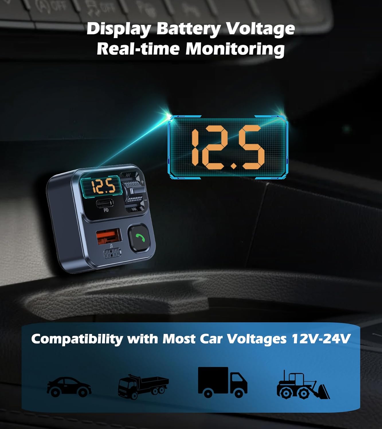 KAIY FM Transmitter Bluetooth Car Adapter, Car Radio Bluetooth Transmitter HandsFree Calling Music Player, FM Radio Adapter 42W Type-C Fast Charging, Support USB Drive