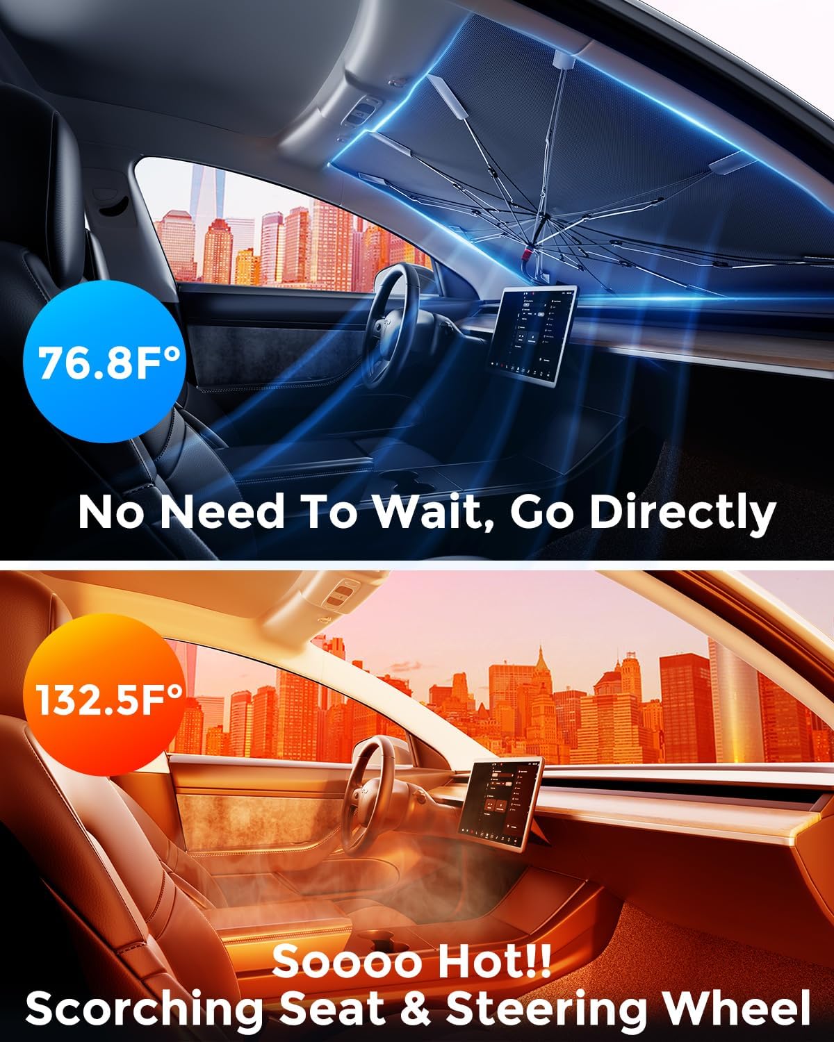 [Updated Version] Car Windshield Sun Shade, [Effective Keep Cool] Spring Structure Umbrella Sunshade for Cars Windshield, Protect from Sun Rays, Heat Damage and Protect Interior