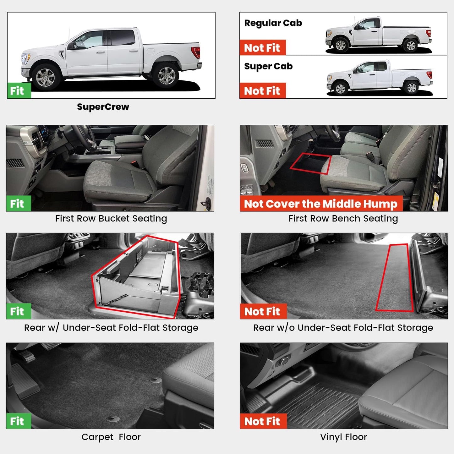 LASFIT Floor Mats for Ford F-150 2015-2025 | F150 Lightning 2022-2025 SuperCrew (Rear w/Fold Flat Storage) Carpet Floor All Weather Car Liners TPE Truck Mats - 1st and 2nd Row, 3pcs Black