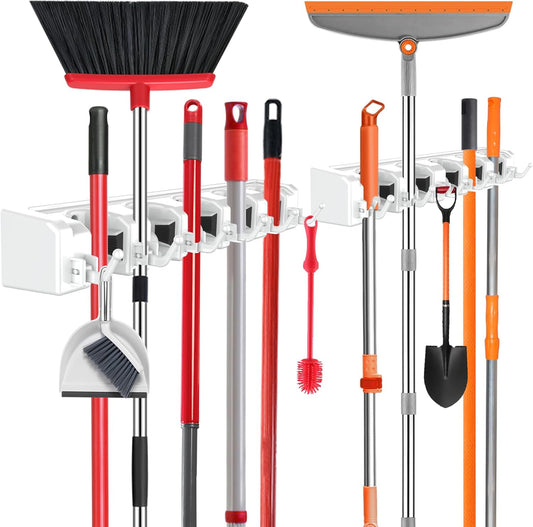 nacena Broom Holder Wall Mount, 2 Packs White Wall Hanging Garden Tool & Utility Closet Organizer Mop & Broom Hook Wall Mounted Heavy Duty Broom and Mop Organizer Wall Hanging for Bathroom, garage