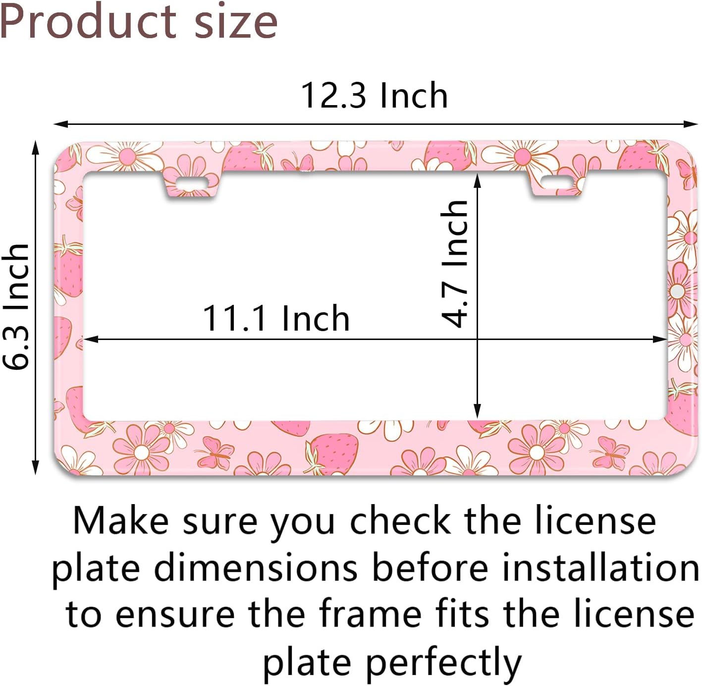 Pink Strawberry Butterfly Floral License Plate Frame Stainless Steel License Plate Frames Holder Covers Rust-Proof Auto Parts Decoration with Screws License Plate Holder for Car Accessories 12x6 Inch