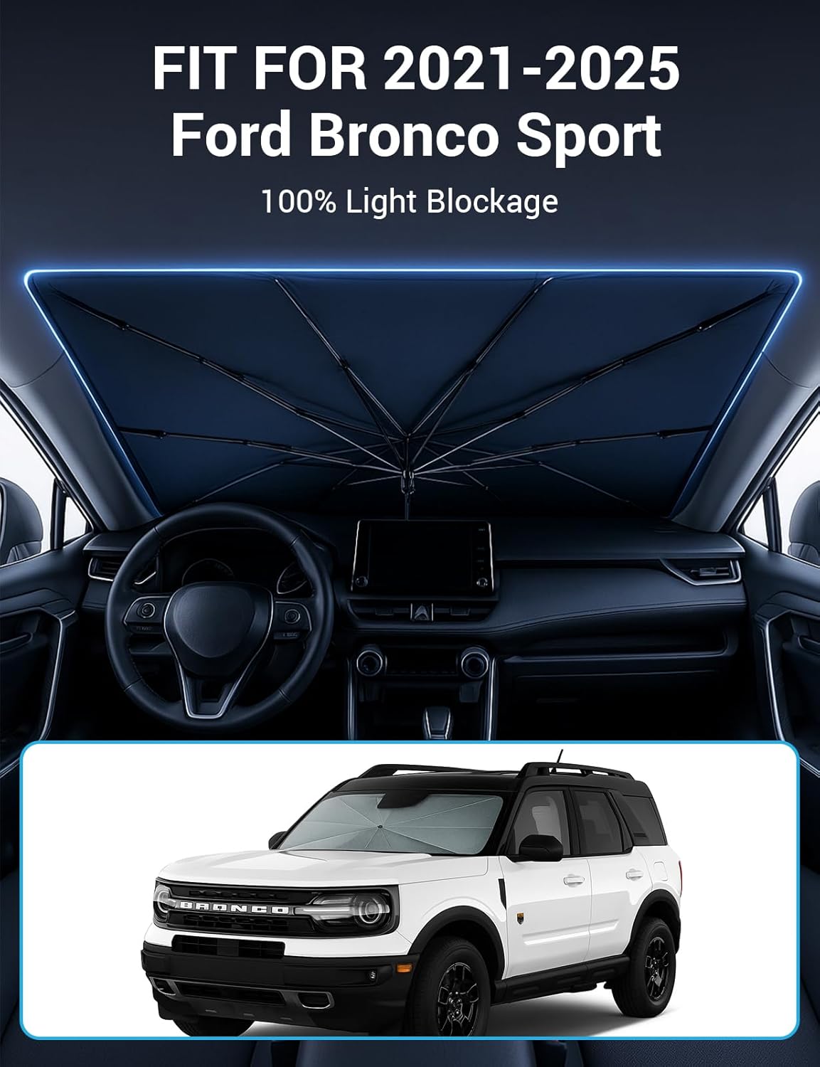 Proadsy Windshield Sun Shade Umbrella for Ford Bronco Sport 2021-2025 2026 Foldable Car Umbrella Sunshade with Soft TPU Handle Spring Structure Crystal Cooling Material Protect Car from Rays & Heat