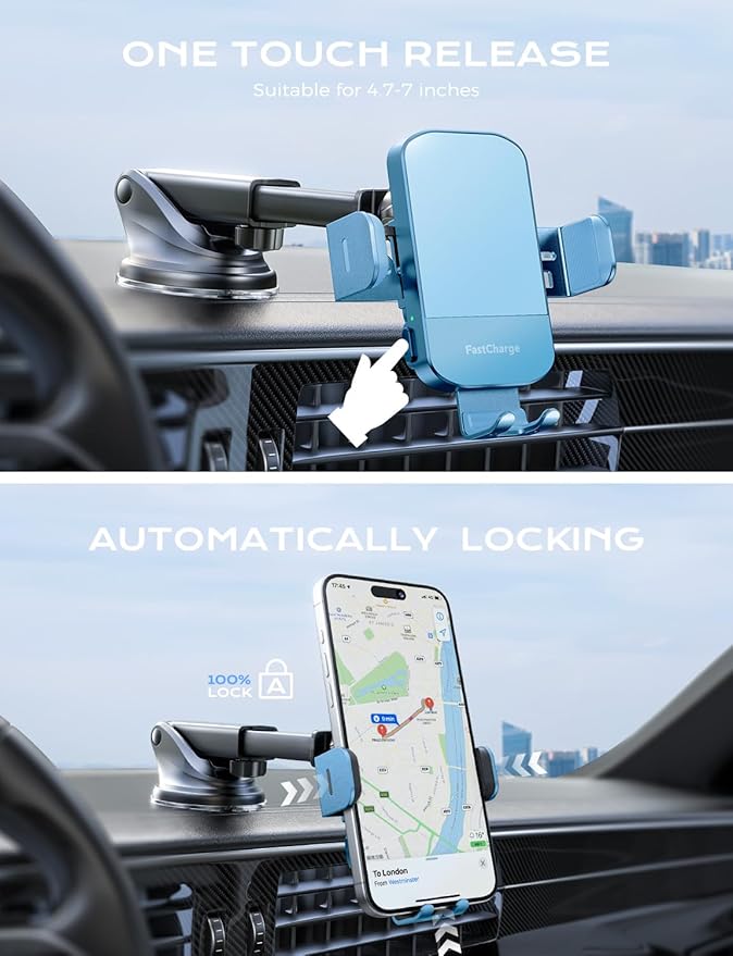CHGeek 15W Fast Charging Auto Clamping Car Charger Phone Mount Phone Holder (Cyan)